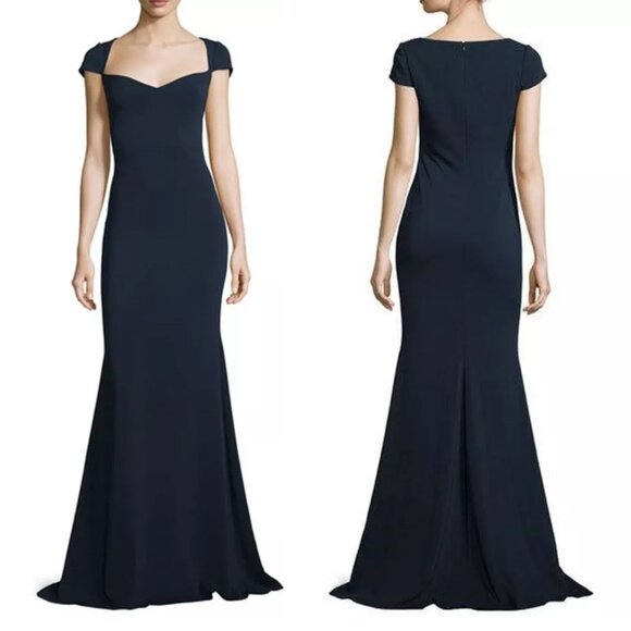 BADGLEY MISCHKA COLLECTION Cap-Sleeve Sweetheart Column Crepe Gown Navy Size 8 - Picture 2 of 8